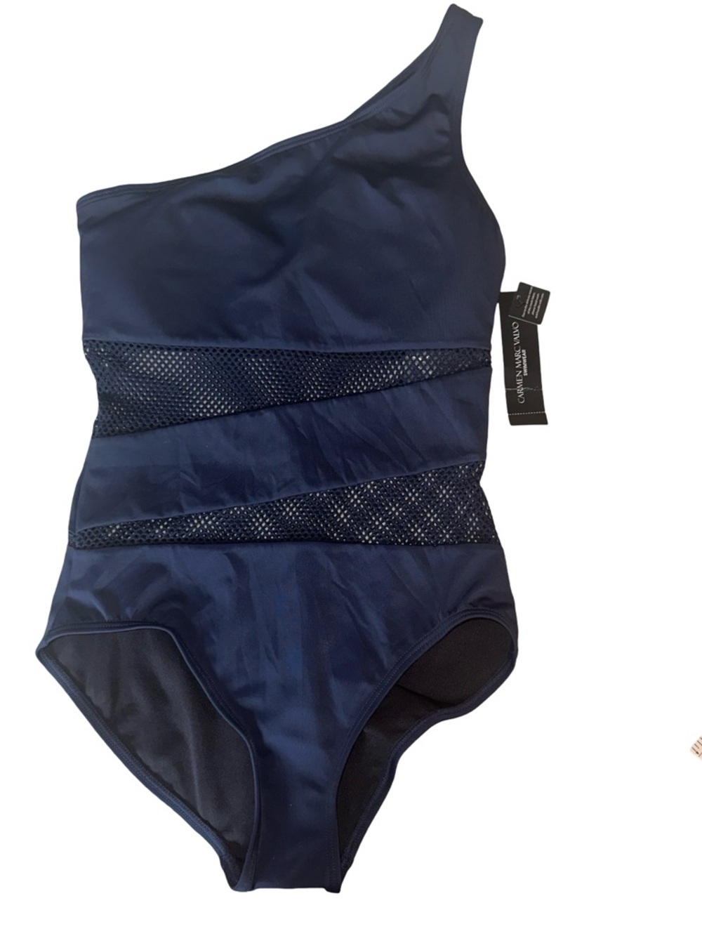 NWT Carmen Marc Valvo one-shoulder one-piece swimsuit in navy blue, size 8.